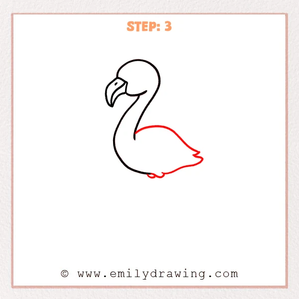 how to draw a cartoon flamingo - Step 3 outlines a cartoon flamingo body with a rounded belly and a two-point tail tip added at the back.